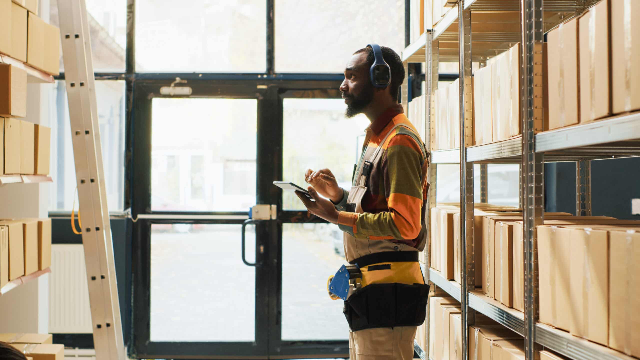 A man looks at moving boxes in a storage facility